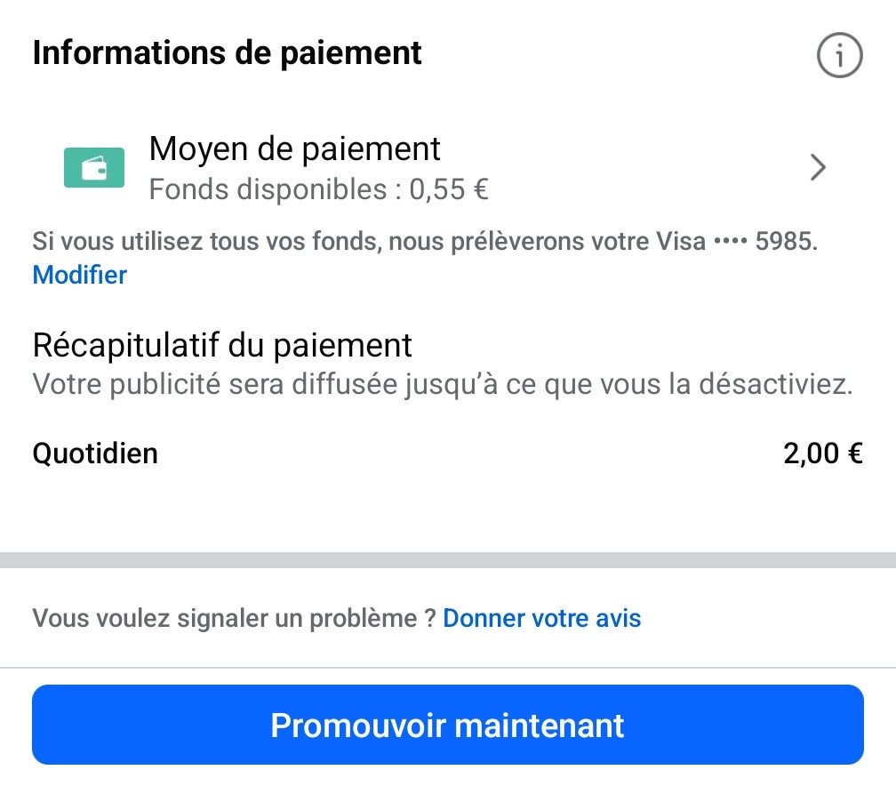 Page Facebook avant de lancer une promotion publicitaire