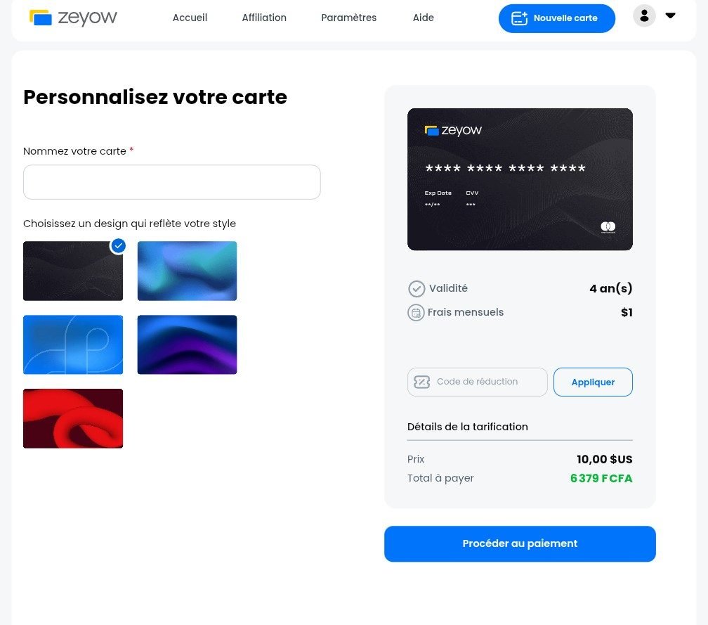 Configuration d'une carte virtuelle Zeyow avant sa création