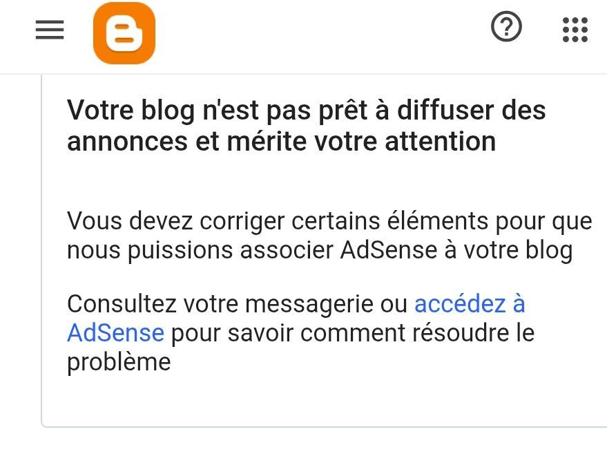 Message AdSense indiquant que le blog n’est pas prêt à diffuser des publicités