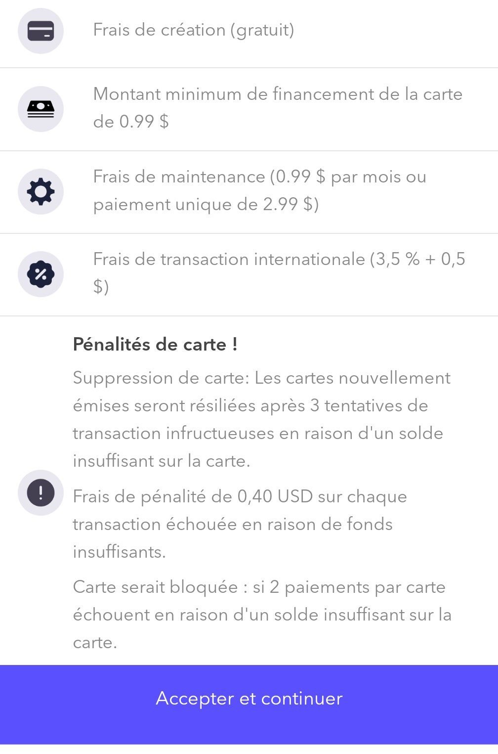 Application Eversend affichant les frais de création de la carte virtuelle