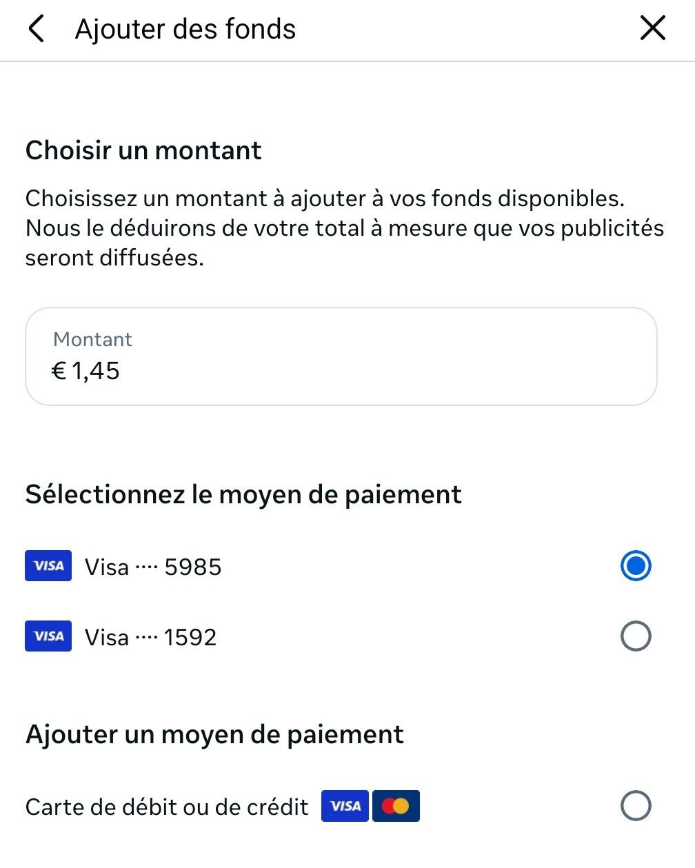 Section Facebook permettant de gérer les moyens de paiement publicitaires